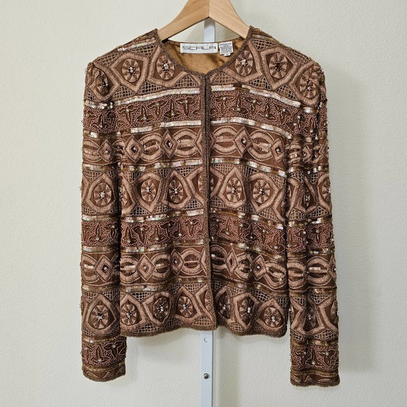 SCALA Vintage 100% Silk Beaded, Embroidered and Sequin Golden Brown Jacket Sz S - Picture 1 of 14
